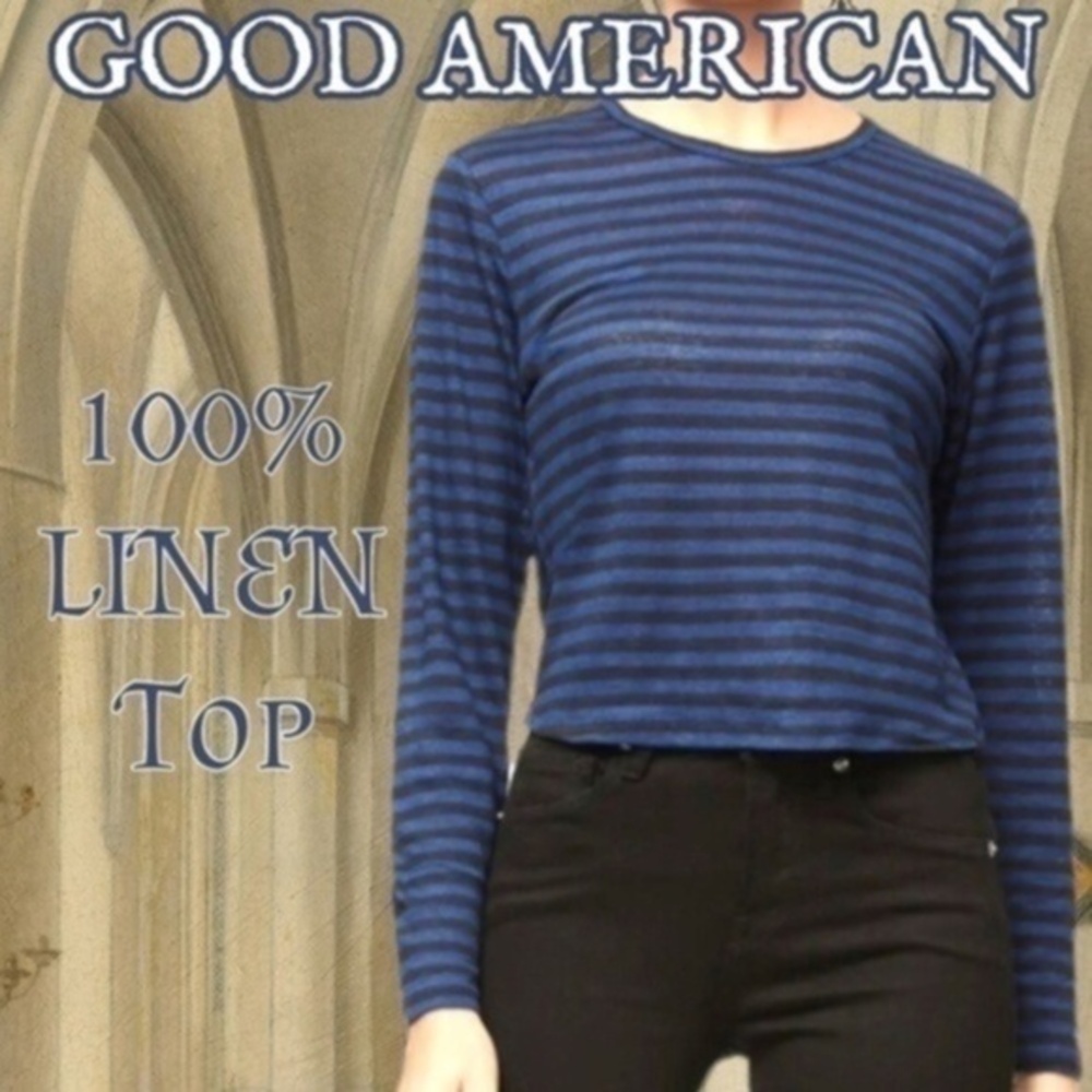 GOOD AMERICAN 100% LINEN Long Sleeve Fitted Blue Stripe Crew Neck Cropped Top-Lg